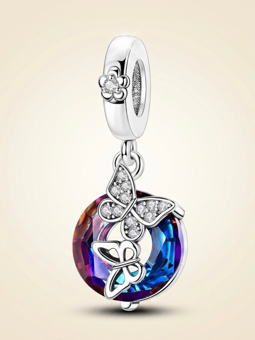 S925 Silver Purple Blue Crystal Butterfly Charm  Spring Gift